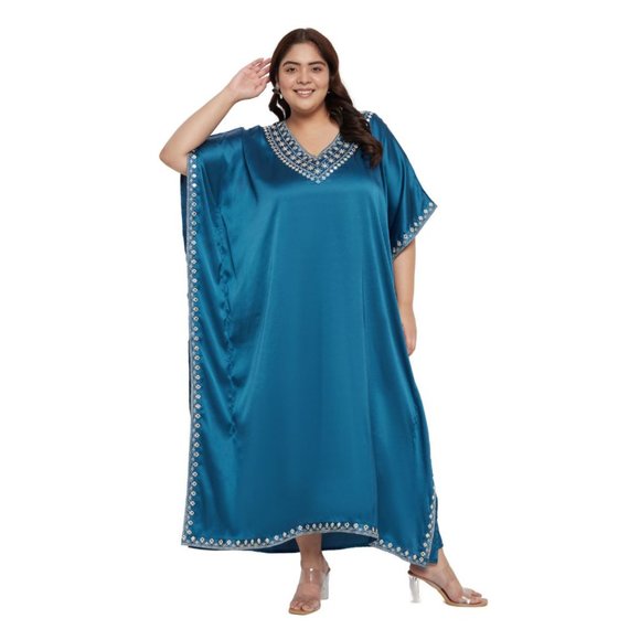 Gypsie Blu Solid Satin Embroidery Corsair Blue Women Kaftan Dress Plus Size Maxi - Picture 6 of 6